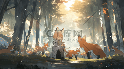 二次元森林狐狸壁纸数字艺术插画