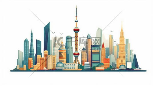 线性上海滩插画图片_扁平风城市建筑上海地标风景
