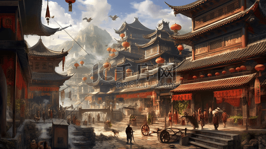 古代建筑插画图片_中国古代建筑和古代商业街道数字艺术