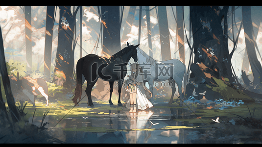 树林里的马数字艺术插画