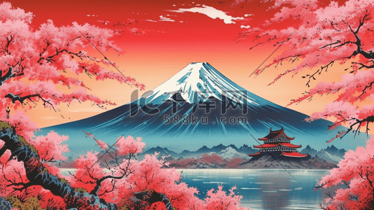 富士山日式插画图片_浮世绘风山水景色背景