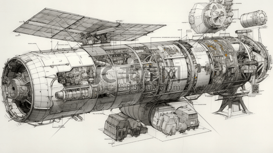 太空航天空间站飞行器手绘风插画