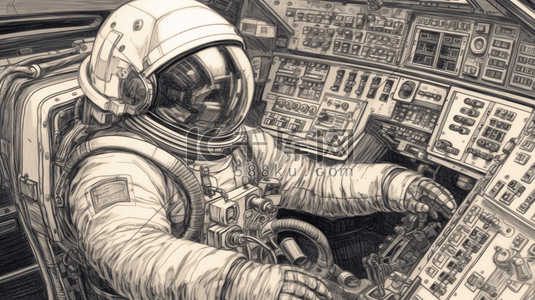 黑白线条插画图片_手绘风格航空航天宇航员在操纵室