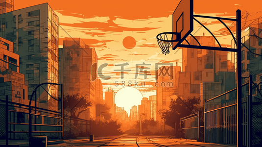 篮球篮球场插画图片_夕阳映射下的篮球插画