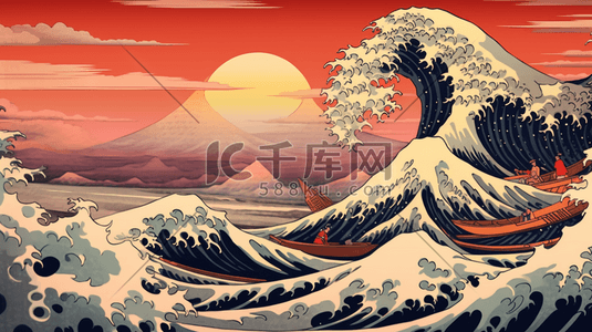 富士山日式插画图片_浮世绘冲浪富士山国潮复古插画