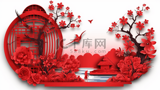 红色中国风花鸟国潮剪纸风风景