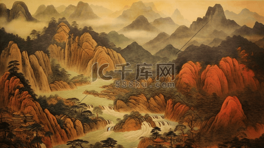 水墨古风山水插画图片_中国风古风山水工笔画意境