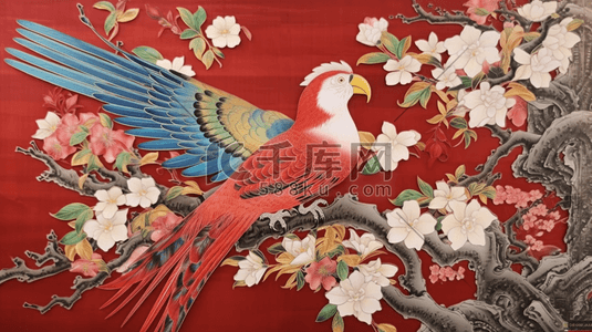 国画刺绣鹦鹉鸟绘画图
