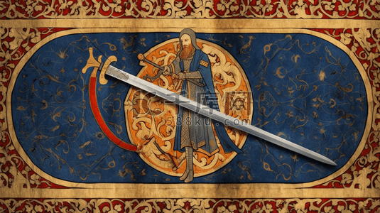 蓝翼中世纪地毯设计的国王视图宝剑特写