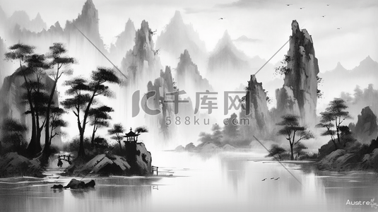 中国风黑白水墨山水画