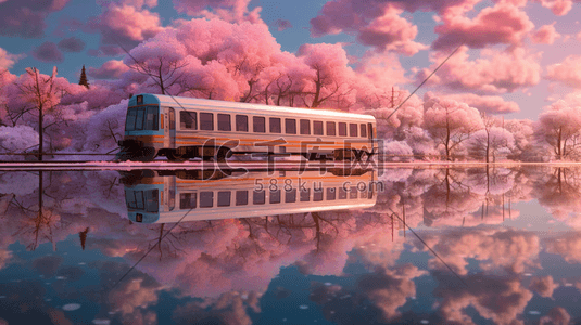 春天樱花林风景背景火车