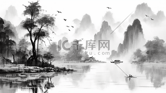 中国风黑白水墨山水画