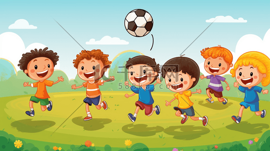 足球手绘插画图片_一群孩子在户外踢足球
