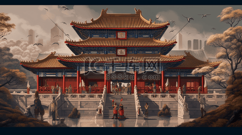 中国风古建筑北京城市插画扁平数字艺术