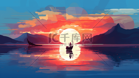 视差背景平面插图深海夕阳