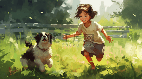 小孩和宠物狗在草地上玩耍
