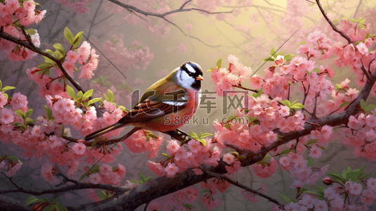 麻雀插画图片_春天的花朵可爱的小鸟插画