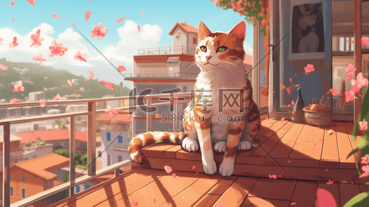 阳插画图片_一只猫蹲在阳台上晒太阳