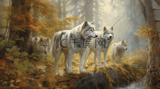 欧美背景插画图片_森林中的大灰狼动物白狼