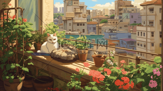一只猫蹲在阳台上晒太阳