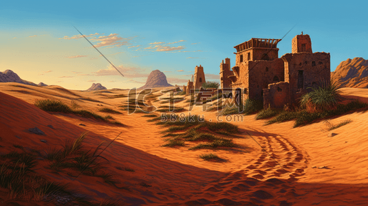 弯曲的插画图片_沙漠中的建筑和弯曲的小路