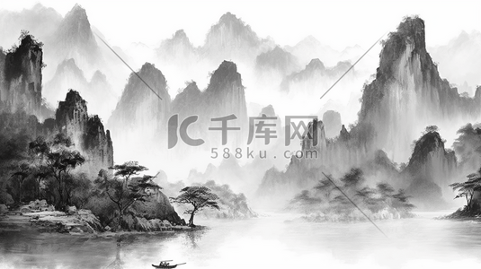中国风黑白水墨山水画