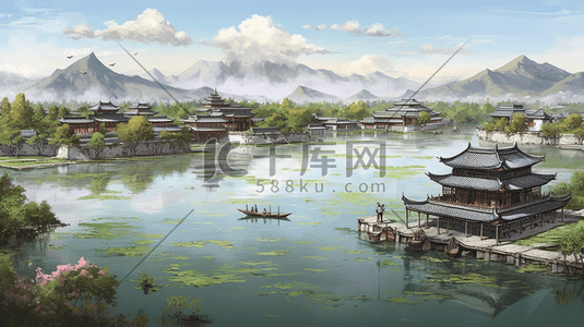 大理石基色插画图片_古风建筑风景插画