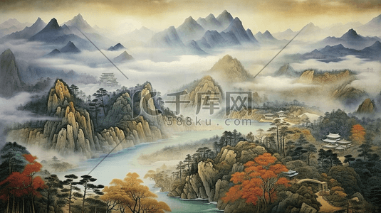 水墨古风山水插画图片_中国风古风山水工笔画意境