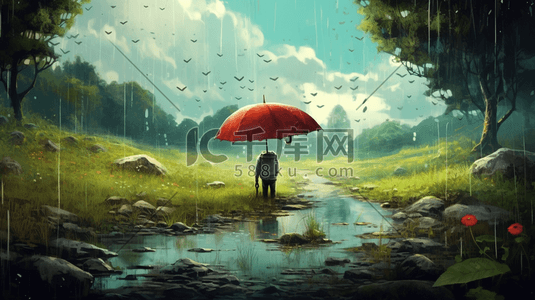 下雨雨伞插画图片_彩色夏季雨季卡通插画