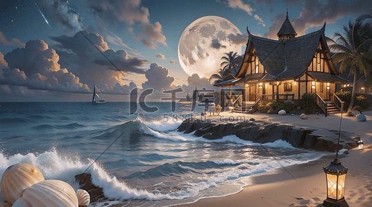 浪漫唯美夜晚沙滩海边城堡