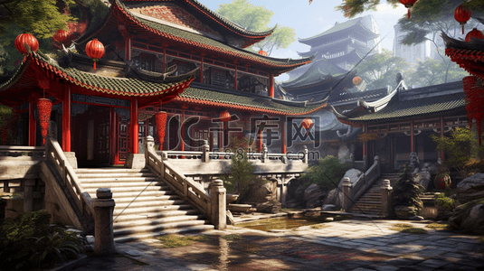 彩色中国风国潮古典风景插画台阶楼阁