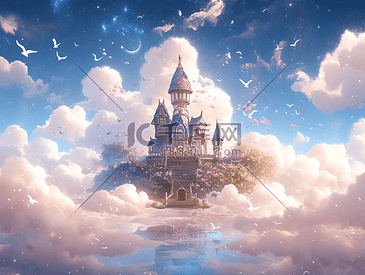 梦幻唯美云朵建筑城堡场景