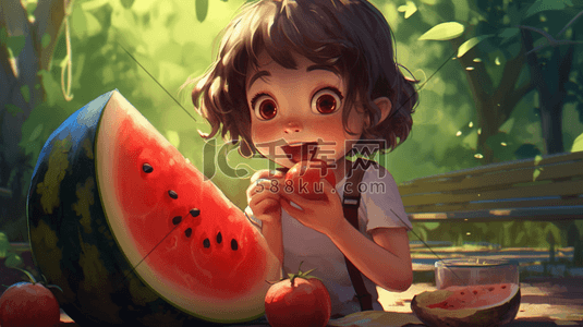 夏天吃西瓜番茄的小女孩插画