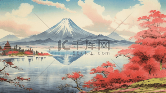 浮世绘山水插画图片_彩色富士山手绘浮世绘背景