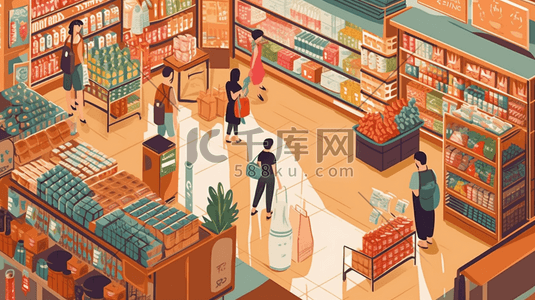 商场国潮布景欣赏插画图片_商场超市购物消费场景