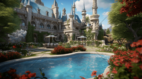 美丽的花园城堡和游泳池
