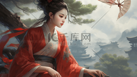 古典中国风建筑山水手绘插画
