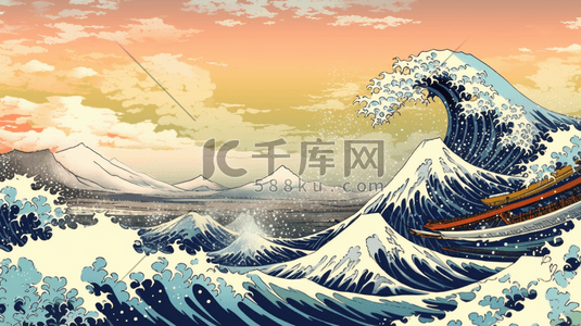 富士山日式插画图片_浮世绘复古潮流插画