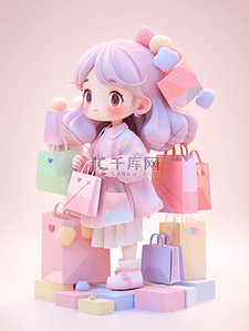 限时领券插画图片_618促销3D电商购物小女生