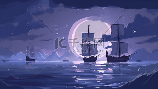 夜里紫色晚上船只月亮插画