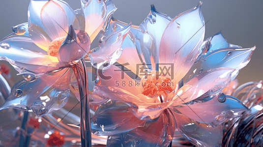 霓虹镭射插画图片_未来感玻璃质感花朵植物