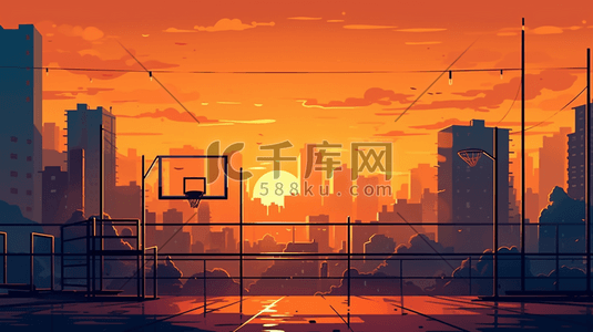 日落时分的篮球场插画
