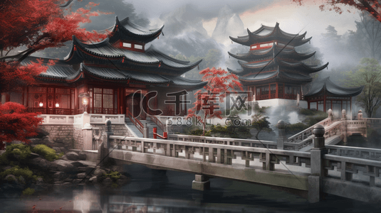 彩色中国风国潮古典风景插画红色楼阁建筑