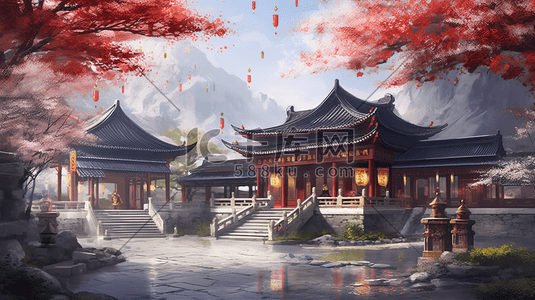 古典传统风插画图片_彩色传统古典中国风国潮建筑风景