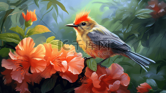 橘粉色插画图片_橘粉色花朵和彩色小鸟微风自然