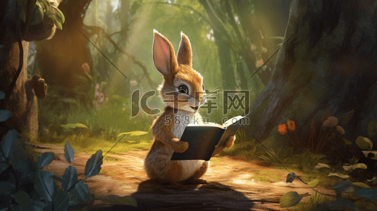 森林里在看书的可爱的小兔子艺术图