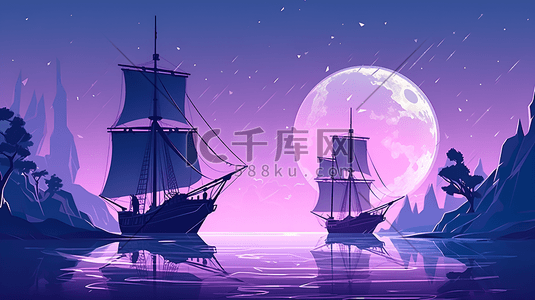 晚上背景插画图片_夜里紫色晚上船只月亮插画