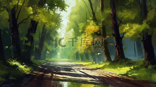 一幅被树木包围的道路的油画