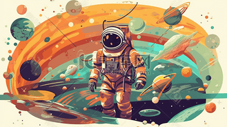 宇航员扣篮火箭高清背景图片_彩色宇宙宇航员插图