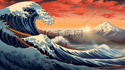 浮世绘插画图片_浮世绘冲浪复古国潮插画